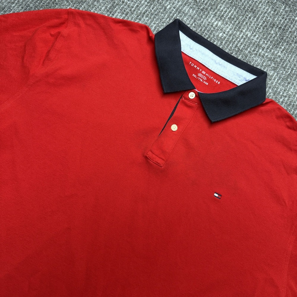 Tommy Hilfiger Polo Shirt Mens 2XL Red Solid Stretch Knit Logo Casual Top